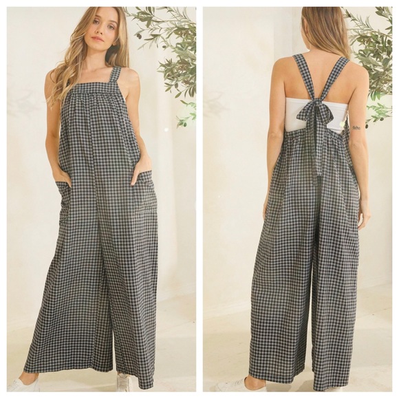 22 Boho Plaid Tie Back Jumpsuit - Picture 2 of 4